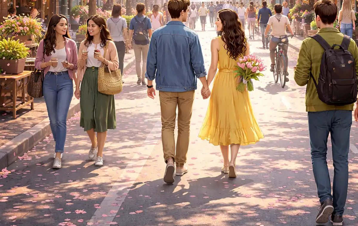 Люди идут по весеннему городу