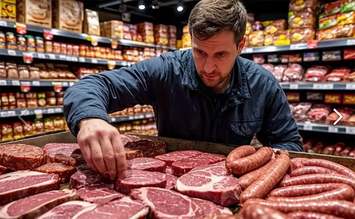 Мужчина в супермаркете ворует колбасу