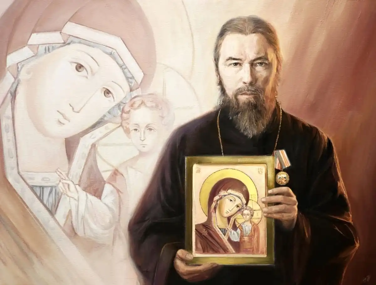 Картина Ильдуса Муртазина, на которой священник Александр Колчерин держит в руках икону Казанской Божией Матери