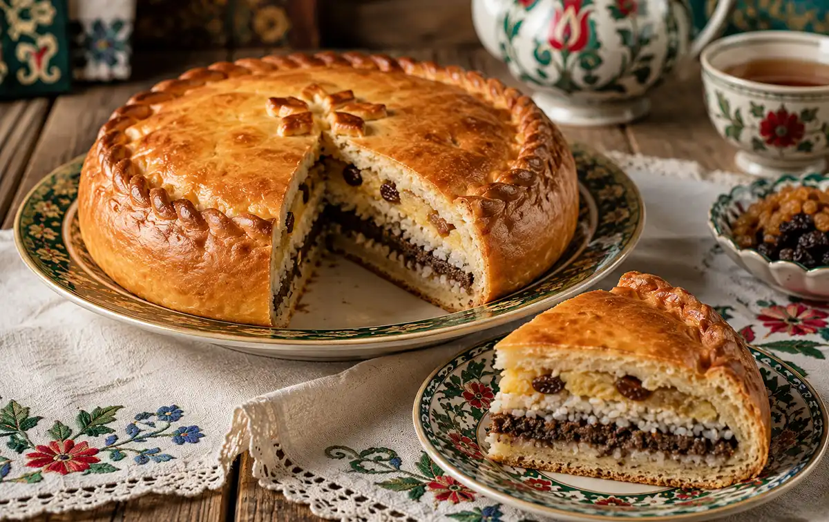 Круглый татарский пирог губадия с румяной корочкой, разрезанный на куски, с видимыми слоями риса, мяса, яиц и изюма на столе с чайной посудой