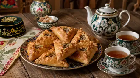 Деревянный стол с татарскими эчпочмаками (треугольными пирожками), заварочным чайником и чашками с чаем в уютной традиционной обстановке