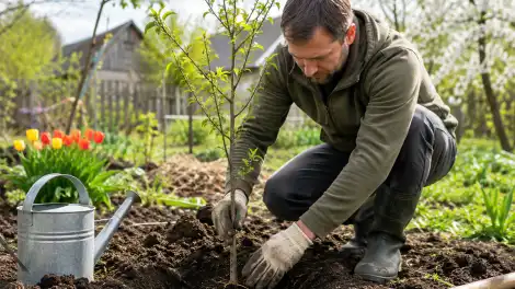 Мужчина сажает молодой саженец дерева весной в мае в саду, устанавливает растение в посадочную яму и засыпает землёй
