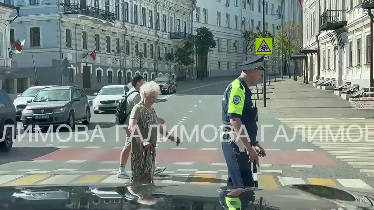 Инспектор ДПС помогает бабушке перейти дорогу