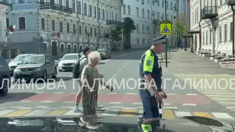 Инспектор ДПС помогает бабушке перейти дорогу