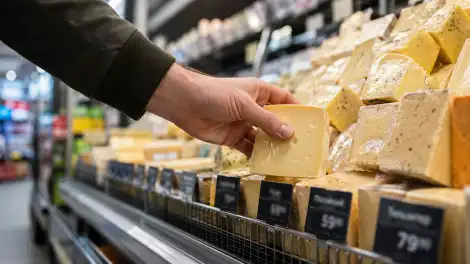 Покупатель берет сыр с витрины в супермаркете