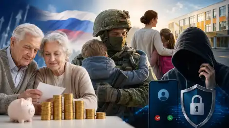 Пенсионеры, военнослужащий обнимает ребенка, мошенник