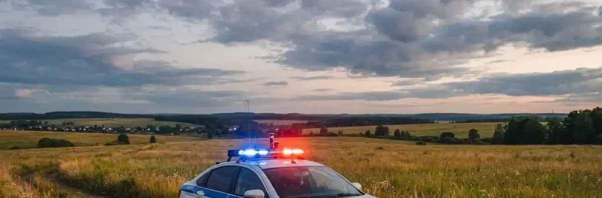 машина полиции с мигалкой в поле