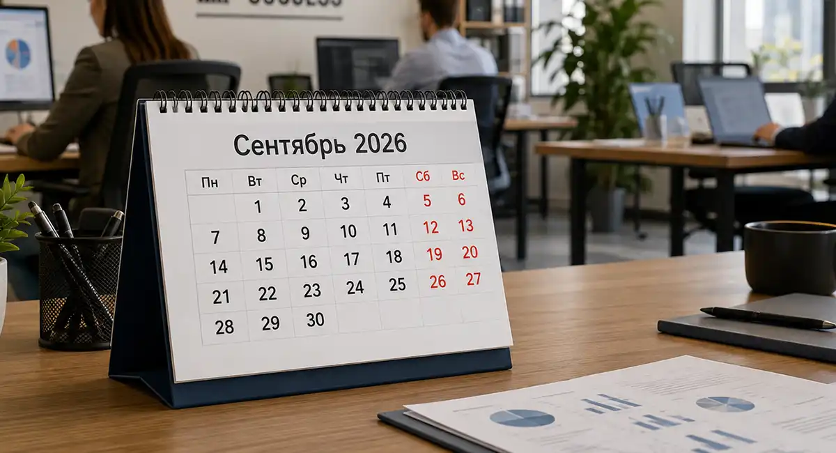Люди сидят в офисе работают, на переднем плане календарь на сентябрь 2026 года