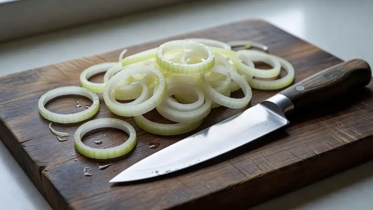 лук нарезанный кольцами на доске