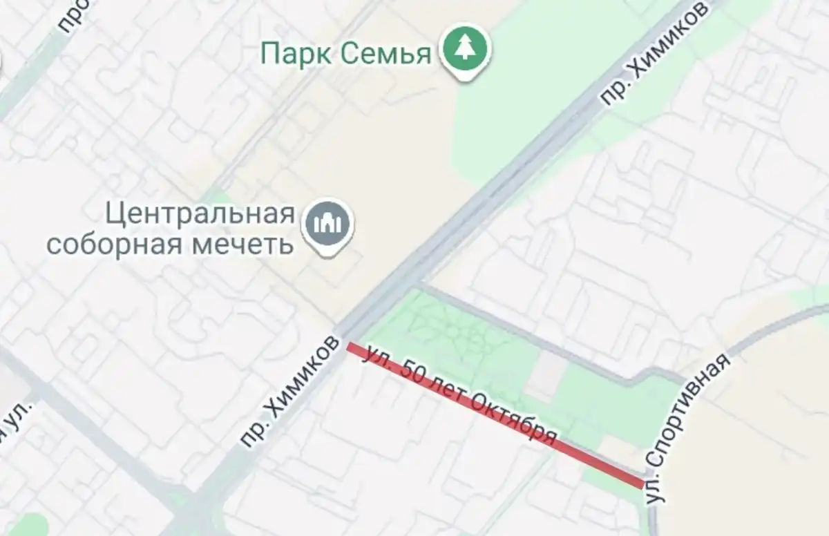 Карта перекрытия дороги на улице 50 лет Октября в Нижнекамске