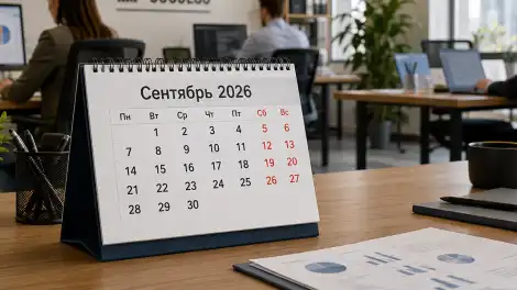Люди сидят в офисе работают, на переднем плане календарь на сентябрь 2026 года