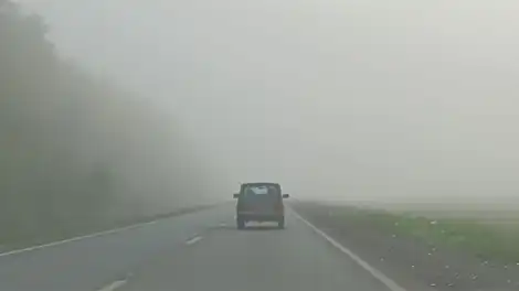 нива едет по дороге в туман