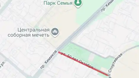 Карта перекрытия дороги на улице 50 лет Октября в Нижнекамске