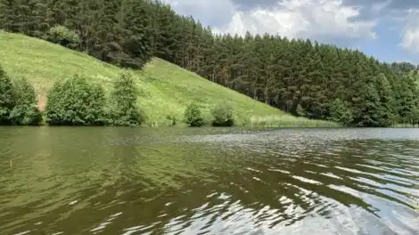 красивое озеро волны легкие, рядом лес и гора