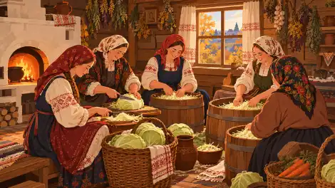 Федорины вечерки, девушки нарезают капусту для квашения