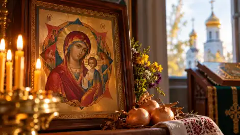 Икона Неопалимая купина на фоне храма