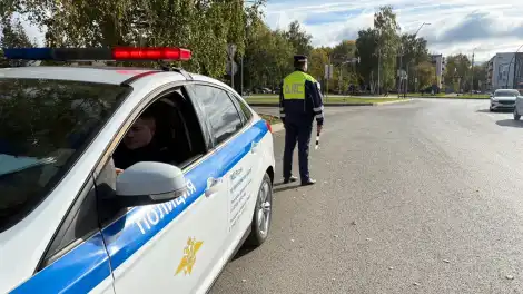инспектор ГАИ Нижнекамска стоит спиной на дороге во время мероприятий "Пешеход"