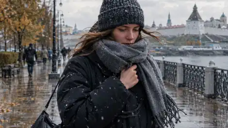 девушка мерзнет на улице в Казани