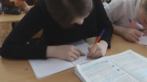 Ученицы в школе выполняют задание на уроке