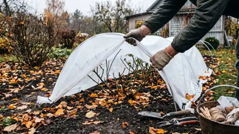 Воздушно-сухое каркасное укрытие роз спанбондом в саду осенью